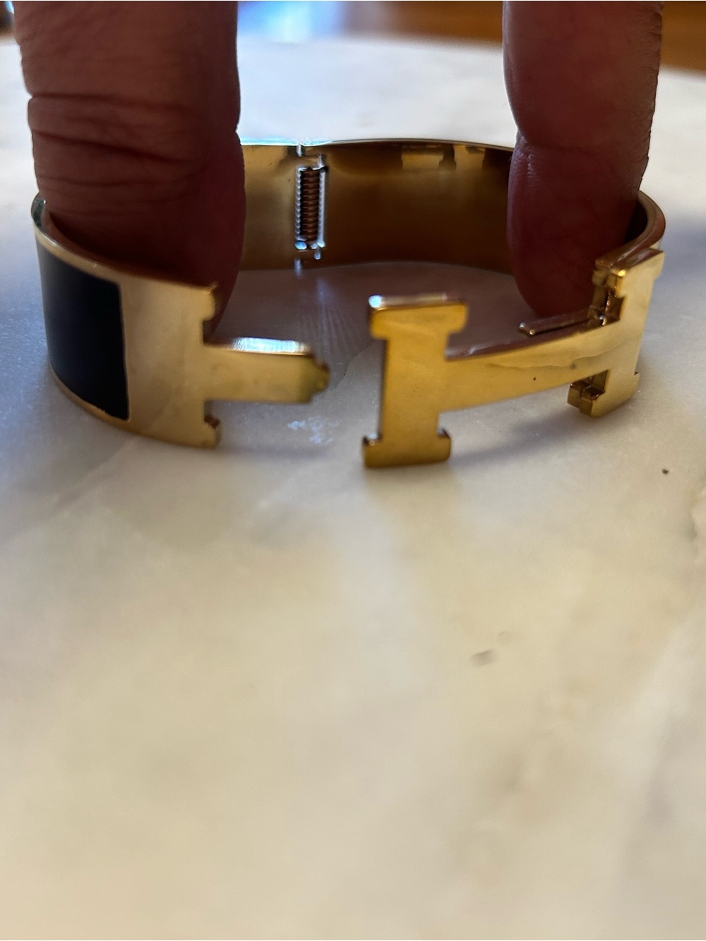 Gold Tone Black Enamel H-Style Hinged Bangle Bracelet - Picture 3 of 6